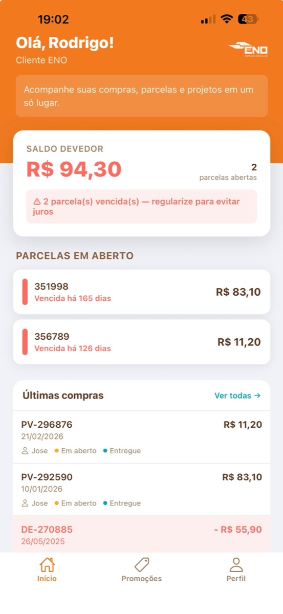 App ENO em uso — tela do cliente com saldo e parcelas