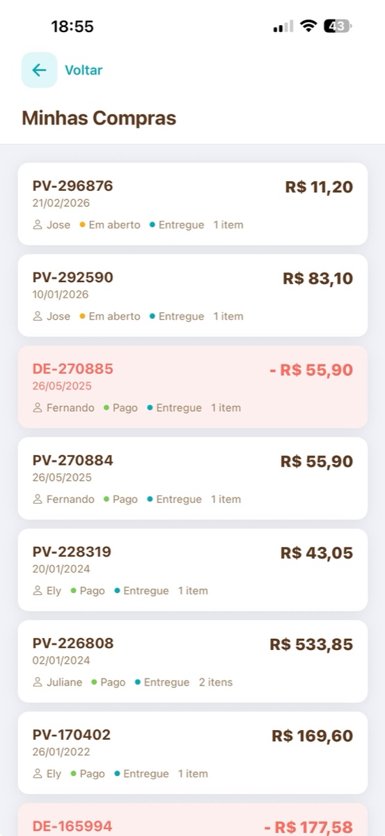 Tela Minhas Compras com histórico completo de pedidos