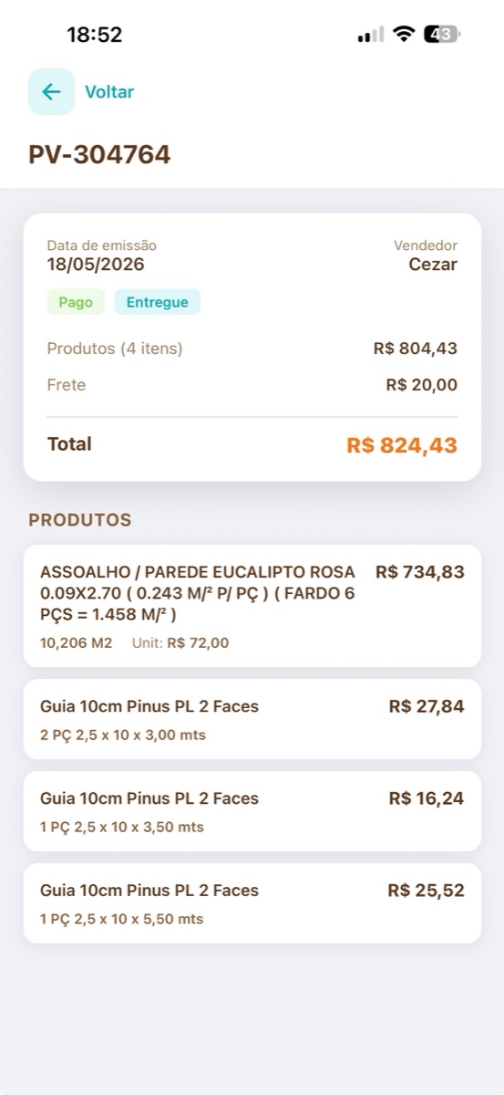 Detalhe de uma compra com produtos e valores